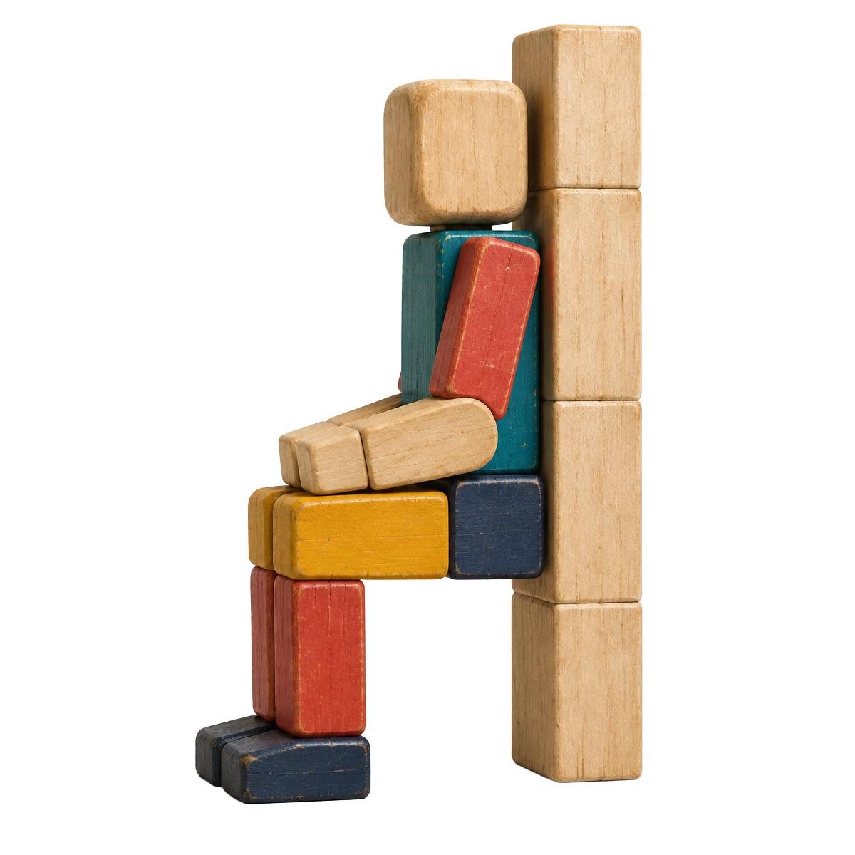 Wooden building blocks arranged as a person doing a wall sit